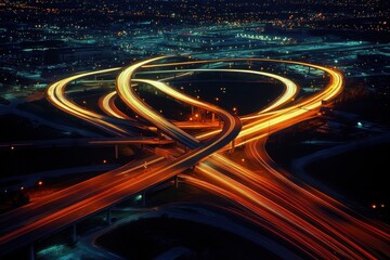 Night city highway interchange, light trails, aerial
