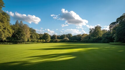 Naklejka premium Expansive green grass field under a clear blue sky with fluffy clouds in a serene garden park setting ideal for outdoor relaxation