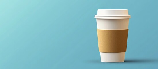 Disposable coffee cup with sleeve on blue background and copy space for text.