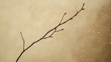 Bare branch with tiny buds against a softly blurred, snowy background.
