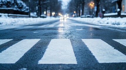 Winter Crosswalk on Snowy Street with Soft Focus on Road and Street Lights Ideal for Text Overlay or Advertising Context