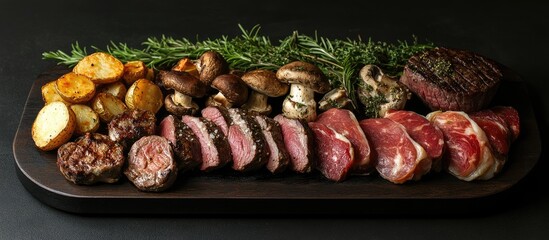 Gourmet meat platter with various cuts of beef, roasted potatoes, mushrooms, and fresh herbs on a dark background with Copy Space.