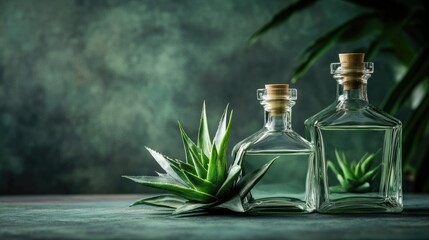 Agave spirit bottles from Mexico with fresh green leaves and textured background ideal for showcasing product details or promotional text
