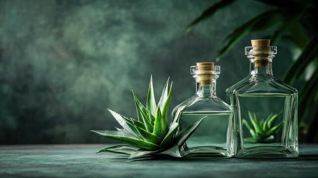 Agave spirit bottles from Mexico with fresh green leaves and textured background ideal for showcasing product details or promotional text