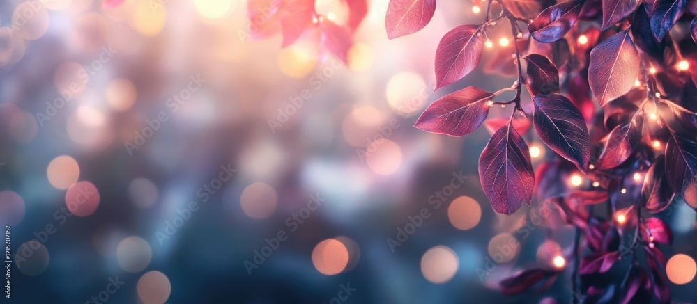 Poster bokeh background with colorful leaves and soft glowing lights with copy space for text placement