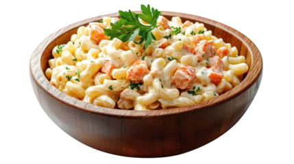 a wooden bowl filled with creamy pasta salad featuring elbow macaroni. diced vegetables. and a garnish of fresh parsley the dish is presented on a white background. emphasizing its vibrant colors and