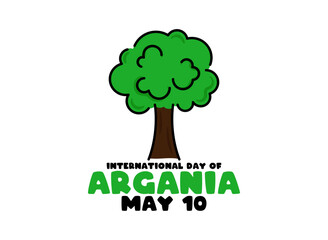 International Day of Argania. May 10. Tree icon. White background. Poster, banner, card, background.