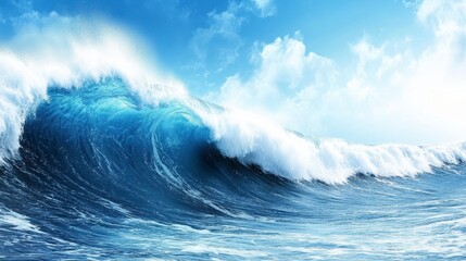 Majestic ocean wave crashing against the shore under a bright blue sky with fluffy clouds