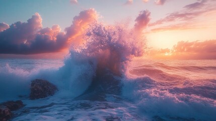 Majestic ocean waves crashing against rocks at sunset, creating a vibrant and serene atmosphere