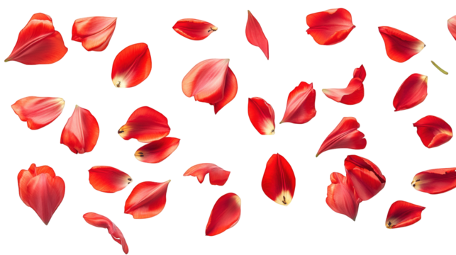 a scattering of vibrant red flower petals against a clean white background. creating a visually striking contrast the petals vary in shape and size. suggesting they are from a single type of flower. l