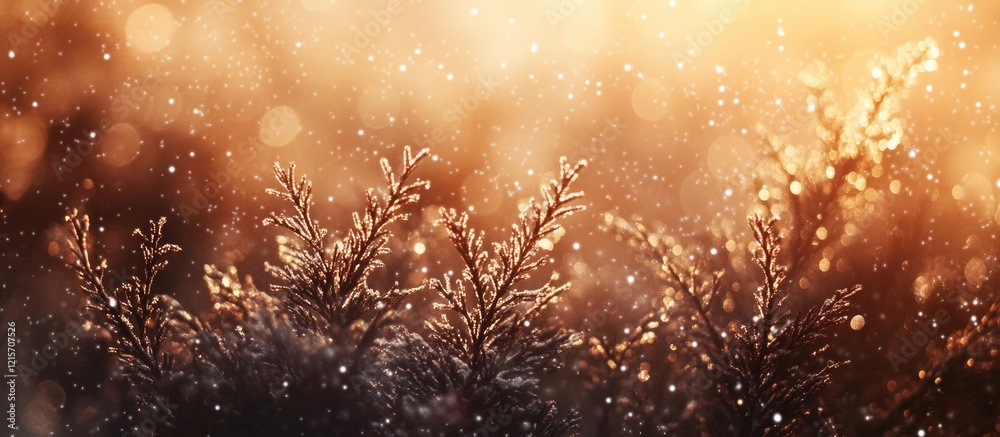 Wall mural frosty branches with sparkling snowflakes in soft golden sunlight bokeh with copy space for text