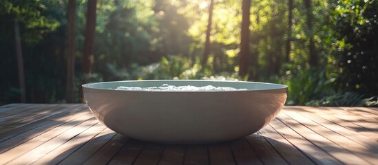 Fototapeta premium Modern outdoor bathtub surrounded by greenery during daylight, with sunlight filtering through trees, featuring ample Copy Space.