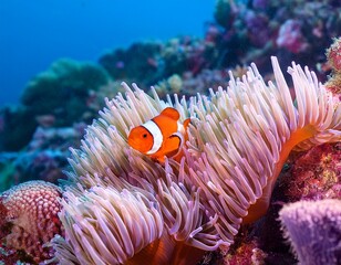 Obraz premium a vibrant clownfish navigates the coral reef its orange and white stripes contrasting beautifully against the delicate pink and orange coral polyps