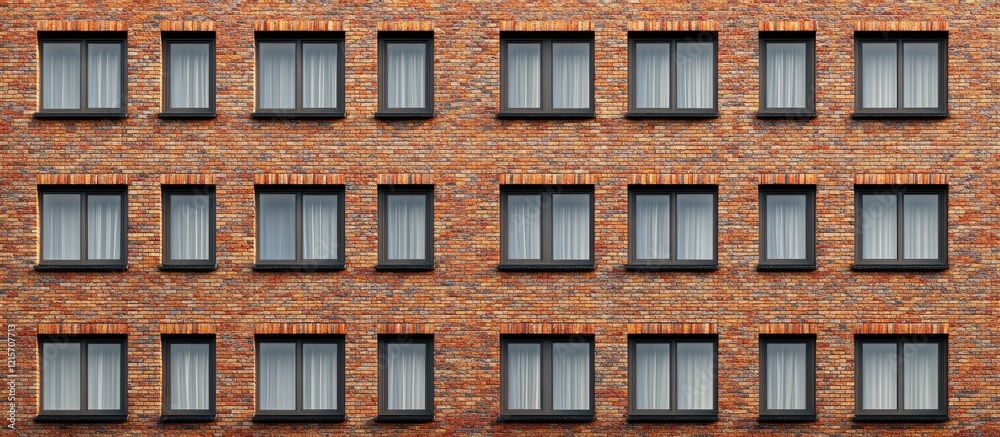 Poster brick wall with multiple windows displaying curtains and frames copy space available