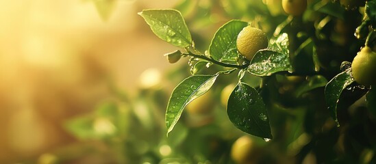 Obraz premium Close-up of dew-covered lemon tree leaves with yellow lemons in soft sunlight Copy Space