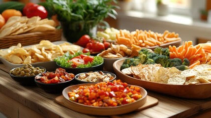 Colorful Assortment of Fresh Vegetables and Snacks on a Rustic Wooden Table Ideal for Healthy Eating or Catering Showcase