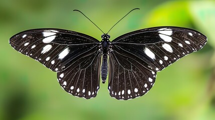 Fototapeta premium Close-up of a black and white butterfly with spread wings against a blurred green background.