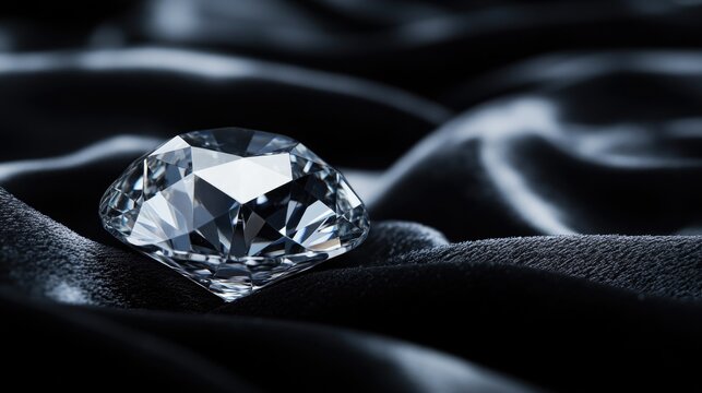 Elegant diamond ring on luxurious black velvet highlighting its brilliance and reflections with ample space for personalized text or branding