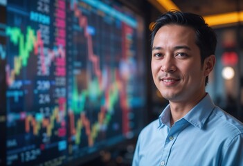 Asian male financial analyst smiling in front of stock market data display, suggesting a successful analysis or positive market trends.