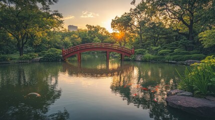 Fototapeta premium Serene sunset over a traditional red bridge in a lush garden, reflecting in a tranquil pond