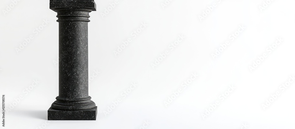 Poster black stone column on white background with minimal design elements and copy space for text placemen