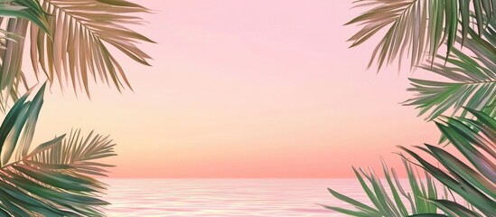 Tropical beach sunset with palm leaves framing the scene and soft pastel colors in the sky providing ample Copy Space for text.