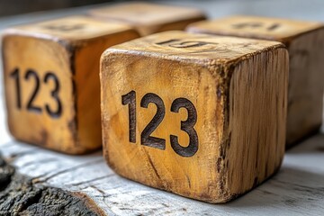 Close-up of three rustic wooden cubes, each displaying the numbers 123, arranged on a wood surface.