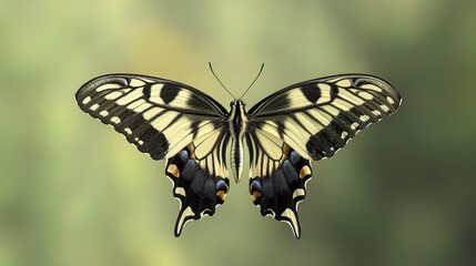 Close-up of a swallowtail butterfly with yellow, black, and blue markings against a blurred green background.