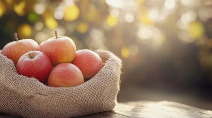 Apples and pumpkins in burlap sack illuminated by sunlight with soft background providing ample space for text and design elements