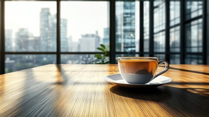 Office Afternoon Tea with Empty Copy Space for Text and Panoramic City View in Background