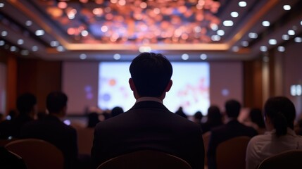 Silhouette of business professionals in formal attire attending an Asian seminar focused on insights from a PowerPoint presentation