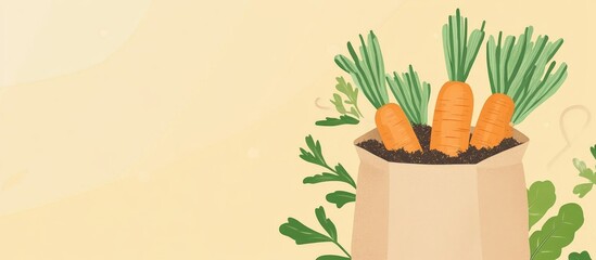 Organic carrots in a paper bag with green leaves on top showcasing fresh produce over a beige background with space for text addition