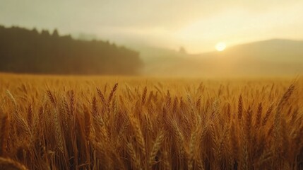 Obraz premium Wheat field at sunrise with vibrant golden hues and serene landscape ideal for agriculture themes and text placement