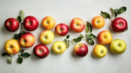 Colorful assortment of ripe apples with leaves arranged on a textured white background showcasing freshness and variety.