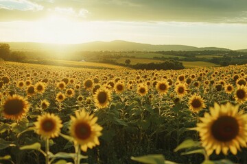 Obraz premium Sunset Sunflower Field Landscape Golden Hour Photography