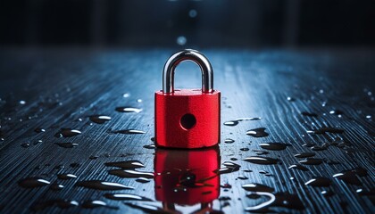 cybersecurity a glowing red padlock secured on a dark rain slicked surface symbolizing impenetrable digital protection the image evokes a sense of mystery and high stakes