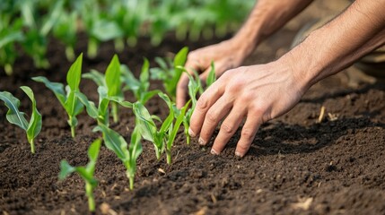 Agronomist examining young corn plants in a field with clean copyspace for agriculture technology or farming innovation text placement