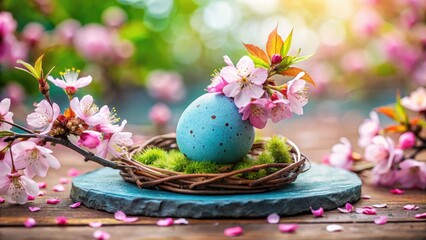 Fototapeta premium Blue Speckled Egg on Cherry Blossom Platform Symbolizing Spring and New Beginnings