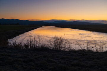 Fir Island Farm Reserve Restored Intertidal Estuary at Sunrise, located in the Skagit Valley, Washington. The reserve attracts thousands of snow geese, swans, ducks and shorebirds in the fall.