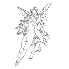 The Abduction of Psyche line art illustration, the goddess of the soul, by Cupid, the god of love. Cupid Illustration. hand-drawn line art