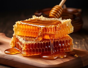 delicious honeycomb on wooden board showcasing golden honey dripping