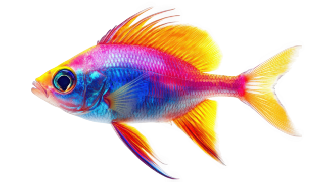 vividly colored fish with bright hues of blue. pink. orange. and yellow. showcasing its intricate fins and distinct features against a white background this striking visual likely serves as an illustr