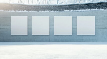 Empty modern gallery with four blank frames on a concrete wall, minimalistic design, Copy Space available for text insertion.