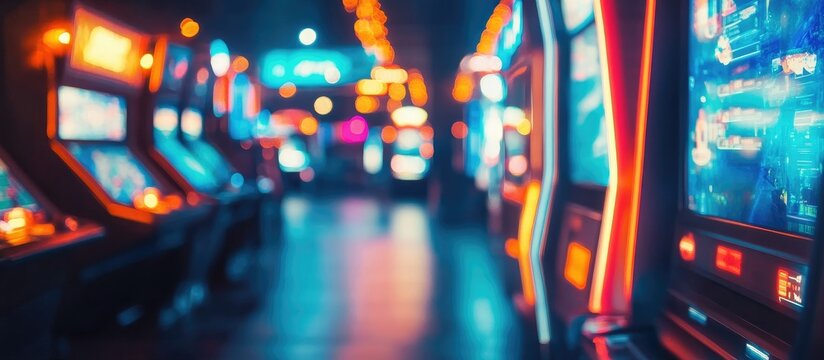 Vibrant illuminated arcade game machines arcade interior with colorful lighting and blurred background Copy Space
