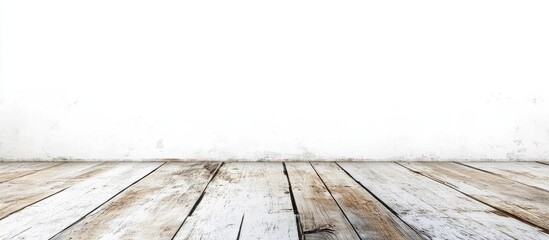 Wooden floor with white wall background and ample copy space for text insertion