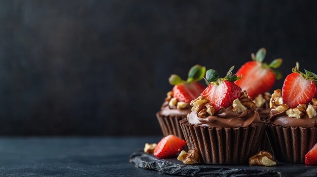 Chocolate cupcakes with strawberry and walnut topping on a dark background Copy Space
