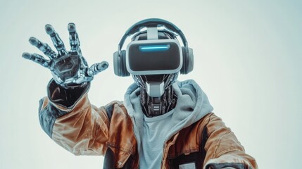 Futuristic AI Robot Engaging in Virtual Reality Game with Headphones and VR Headset on Neutral Background for Technology and Gaming Concept