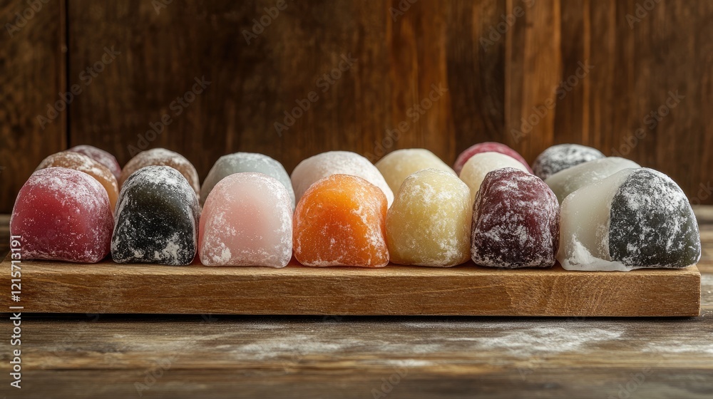 Canvas Prints Assorted traditional mochi variety with colorful fillings displayed on wooden board in rustic setting