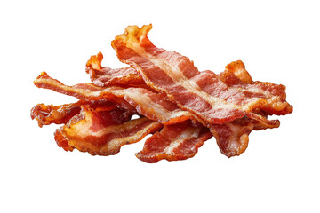 pile of crispy. cooked bacon strips arranged on a clean. white background the bacon appears golden-brown with a slightly glossy texture. highlighting its savory. crunchy nature likely intended for cul