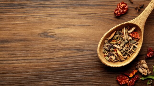 Mixed herbs and spices in a wooden spoon on a rustic wooden background with copy space for text
